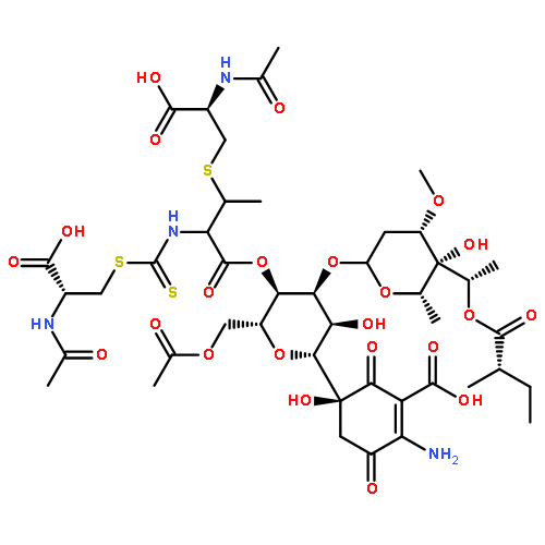 L-Cysteine, N-acetyl-,[2-[[2-(acetylamino)-2-carboxyethyl]thio]-1-carboxypropyl]carbamodithioate(ester), 4'-ester with 5-[6-O-acetyl-3-O-[2,6-dideoxy-3-O-methyl-4-C-[1-(2-methyl-1-oxobutoxy)ethyl]-a-L-lyxo-hexopyranosyl]-b-D-allopyranosyl]-2-amino-5-hydroxy-3,6-dioxo-1-cyclohexene-1-carboxylicacid (9CI)