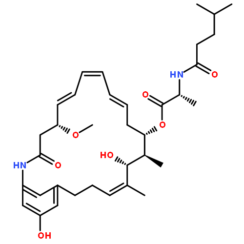 D-Alanine,N-(4-methyl-1-oxopentyl)-,(5R,6E,8E,10E,13S,14R,15R,16Z)-15,22-dihydroxy-5-methoxy-14,16-dimethyl-3-oxo-2-azabicyclo[18.3.1]tetracosa-1(24),6,8,10,16,20,22-heptaen-13-ylester