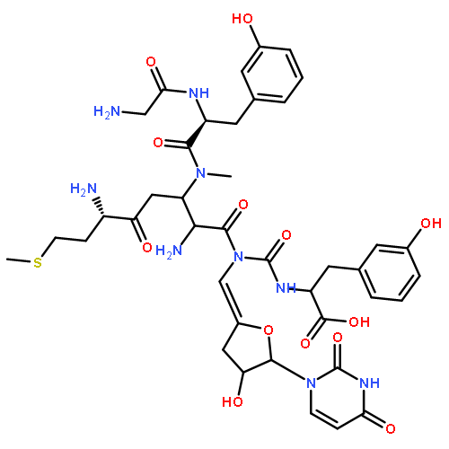 Butanamide,N-[[[1-carboxy-2-(3-hydroxyphenyl)ethyl]amino]carbonyl]methionyl-N-[[5-(3,4-dihydro-2,4-dioxo-1(2H)-pyrimidinyl)dihydro-4-hydroxy-2(3H)-furanylidene]methyl]-N3-(N-glycyl-3-hydroxyphenylalanyl)-N3-methyl-D-2,3-diamino-(9CI)