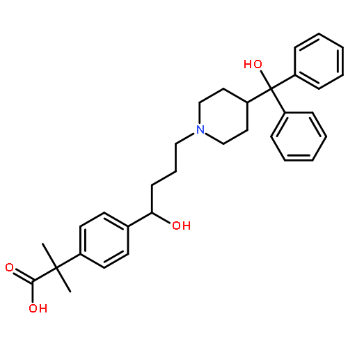 <br>2-(4-(1-Hydroxy-4-(4-(hydroxydiphenylmethyl)piperidin-1-yl)butyl)phenyl)-2- methylpropanoic acid