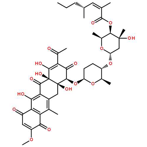 1,4,6,7(6aH,10H)-Naphthacenetetrone,8-acetyl-10-[[5-[[2,6-dideoxy-4-O-(2,4-dimethyl-1-oxo-2-heptenyl)-3-C-methyl-a-L-xylo-hexopyranosyl]oxy]tetrahydro-6-methyl-2H-pyran-2-yl]oxy]-10a,11-dihydro-5,6a,9,10a-tetrahydroxy-2-methoxy-12-methyl-,[2S-[2a(6aR*,10S*,10aS*),5b(2Z,4S*),6a]]- (9CI)