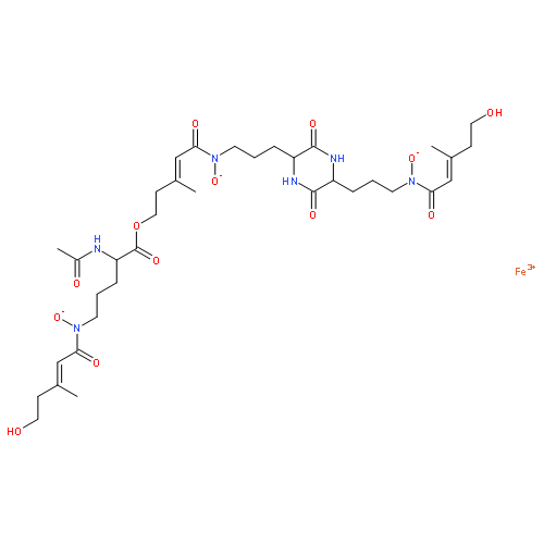 iron(3+) (3E)-5-[{3-[5-(3-{[(2E)-5-hydroxy-3-methylpent-2-enoyl](oxido)amino}propyl)-3,6-dioxopiperazin-2-yl]propyl}(oxido)amino]-3-methyl-5-oxopent-3-en-1-yl N~2~-acetyl-N~5~-[(2E)-5-hydroxy-3-methylpent-2-enoyl]-N~5~-oxidoornithinate