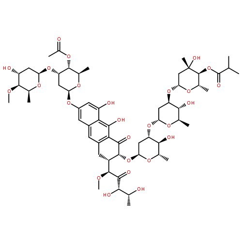 D-threo-2-Pentulose,1-C-[(2S,3S)-7-[[4-O-acetyl-2,6-dideoxy-3-O-(2,6-dideoxy-4-O-methyl-a-D-lyxo-hexopyranosyl)-b-D-lyxo-hexopyranosyl]oxy]-3-[[O-2,6-dideoxy-3-C-methyl-4-O-(2-methyl-1-oxopropyl)-a-L-arabino-hexopyranosyl(1®3)-O-2,6-dideoxy-b-D-arabino-hexopyranosyl-(1®3)-2,6-dideoxy-b-D-arabino-hexopyranosyl]oxy]-1,2,3,4-tetrahydro-5,10-dihydroxy-4-oxo-2-anthracenyl]-5-deoxy-1-O-methyl-,(1S)-